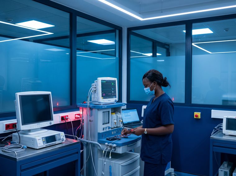 Technicien biomédical SN Corporation réparant un équipement médical en milieu hospitalier
